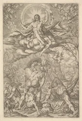 Kristi uppståndelse, omgiven av en aureol och moln med linjer av bevingade putti till..., 1577.