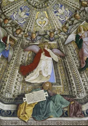 Profeten Jeremia och en ängel, kupolen på sakristian i Sankt Markus, Santuario della Santa Casa, Loreto, ca 1477-93 (fresk)