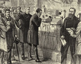 Öppnande av den anglo-engelska telefonlinjen. Det första telefonsamtalet mellan London och Paris på General Post Office i London. Bell-instrument användes i London-änden. Trägravyr Paris 28 mars 1891. Gravyr.