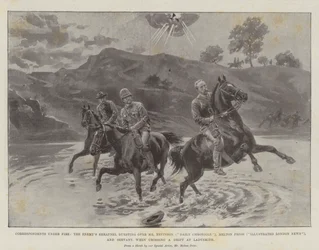 Korrespondenter under eld, fiendens splitter som sprängs över Mr Nevinson (Daily Chronicle), Melton Prior (Illustrated London News) och Servant när de korsar en drift vid Ladysmith