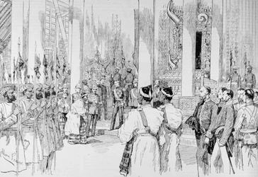 Lord Dufferin håller levee i Grand Throne Room i palatset i Mandalay, från 