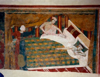 Scen ur äktenskapslivet under medeltiden. En man förenar sig med sin hustru som sover naken i sängen. Detalj. (fresk, tidigt 1300-tal)