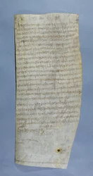 Privilegium för Clovis III (682-695) beviljat till klostret Saint-Denis, 691 (penna och bläck på veläng)