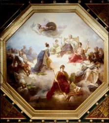 Frankrike, mitt bland de lagstiftande kungarna och franska rättsväsendet, får den konstitutionella stadgan från Ludvig XVIII, taket i Camondo-rummet, Louvren, Paris