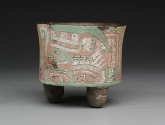 Cylindriskt stativkärl med två glasögonfigurer, c.A.D. 400?650 (keramik, stuckatur och färg)