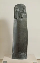 Hammurabis lag: guden Shamash dikterar sina lagar för Hammurabi, Babylons kung, funnen i Susa, Iran, cirka 1750 f.Kr.