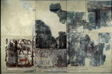 Mesopotamien: Zimrilims palats, investiturmålning: framställning av en bevingad tjur, en sfinx och en grip. Lossad fresk från Zimri-Lims regeringstid (Zimri Lim) (ca 1782-1759 f.Kr.) från Mari. Paris, Louvren.