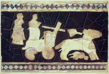 Krigsvagn dragen av två hästar, 2800-2300 f.Kr. (elfenben, pärlemor och mosaik)