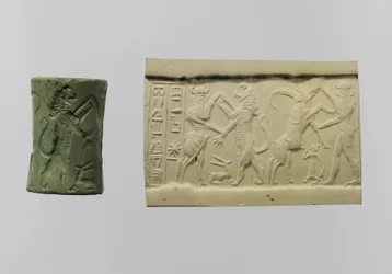 Cylindersigill av strid med modernt intryck c.2250-2150 f.Kr. (albit)