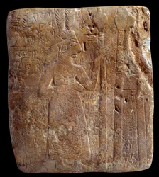 Mesopotamien. Art Sumer: karaktär med fjädrar (cirka 2700 f.Kr.) stello antika girsou arkaiska sumeriska perioden - kalksten. Paris, Louvren