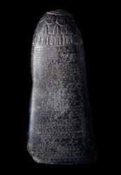 Mesopotamien: kudurru i svart kalksten från kung Marduk-sapik-zari (1082-1070 f.Kr.) (stele som användes som dokumentation för de jordgåvor som Babylons kassitiska härskare skänkte familjemedlemmar eller höga dignitärer). Inskriften är skriven med