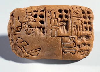 Mesopotamien: obränt lertavla med kilskriftsinskrift. Sumerregionen. 3300 f.Kr. Paris, Musée du Louvre