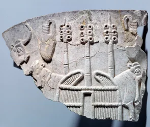 Mesopotamien: relief stallscen på ett fragment av vas snidad i stil med Uruk. Region Sumer. 3300 f.Kr. Paris, Louvren