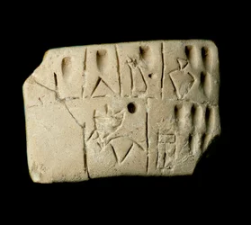 Mesopotamien: lertavla med räkenskaper i kilskrift. Från Eannatemplet, helgat åt gudinnan Inanna (motsvarigheten till Ishtar hos sumererna), i Uruk. 3200 f.Kr. Mått 6,4 x 4,7 cm, Irakiska museet, Bagdad