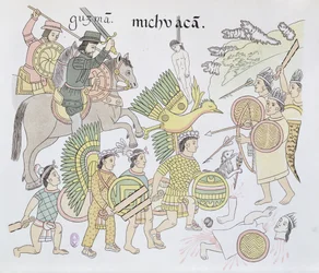 Slaget vid Michoacán mellan spanjorerna och aztekerna, illustration ur ett faksimil av en mexikansk indiansk bildkrönika, Lienzo de Tlaxcala, ca 1550, 1892