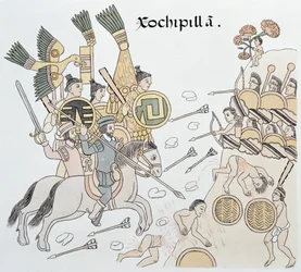 Slaget vid Xochipilla mellan spanjorerna och aztekerna, illustration ur en faksimil av den mexikanska indianska bildkrönikan Lienzo de Tlaxcala från omkring 1550, 1892