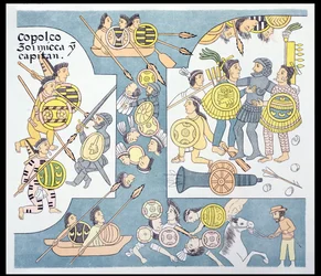 Sista striden mellan Hernando Cortes (1485-1547) och Cuauhtemoc vid Tenochtitlan, augusti 1521, illustration från en faksimil av en mexikansk indisk bildhistoria Lienzo de Tlaxcala ca 1550, 1892 (colo)