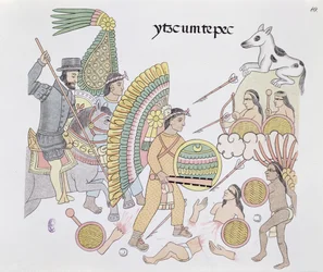 Hernando Cortes (1485-1547), under belägring vid Tenochtitlan, beslutar sig för att lämna staden, illustration från en faksimil av en mexikansk indisk bildhistoria Lienzo de Tlaxcala från ca 1550, 1892 (färg litho