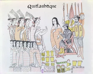 La Malinche (Doña Marina) som tolk vid Montezumas (1466-1520) överlämnande av kvinnor och guld till Hernando Cortés (1485-1547), illustration från ett faksimil av en mexikansk indiansk bild
