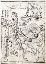 MS Hunter 242 f.247r Christopher Columbus, illustration från Historia de Tlaxcala av Diego Munoz Camargo