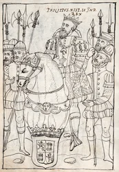 MS Hunter 242 f.249v Philip II sittande på hästryggen, iklädd det gyllene skinnet, omgiven av krigsmän, illustration från Historia de Tlaxcala av Diego Munoz Camargo (penna och bläck