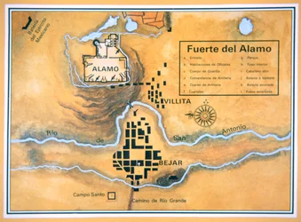 Karta över Alamo-området i San Antonio baserad på Santa Annas ursprungliga slagfältskarta