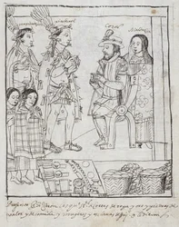 Montezuma möter Cortez Ms Hunter 242 f.255r Conquest of Mexico, från Historia de Tlaxcala av Diego Munoz Camargo