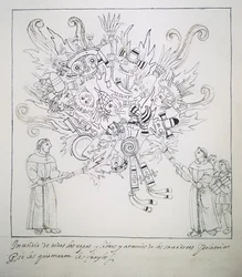 Ms Hunter 242 f.242r Franciskanerbröder som bränner traditionella böcker och kläder, från Historia de Tlaxcala av Diego Munoz Camargo