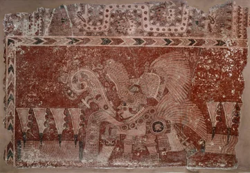 Väggmålningsfragment med elithane och maguey kaktusblad, Teotihuacán-stil, klassisk period, 500-550