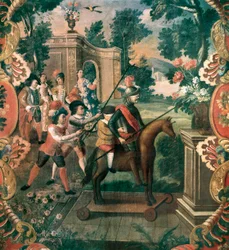 Scen tagen från "Don Quijote of the Channel" (Den geniale gentlemannen Don Quijote från La Mancha) av Miguel de Cervantes Saavedra (1547-1616)