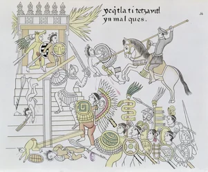Bränningen av avgudabilderna av Hernán Cortés, illustration från ett faksimil av en mexikansk indiansk bildkrönika, Lienzo de Tlaxcala, från ca 1550, 1892