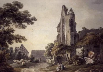 Ett förstört kloster nära en bondgård (akvarell)