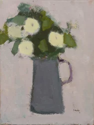 Vita blommor, grå kanna, 2017 (olja på linne)