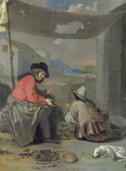 Två figurer som sitter med en hund (olja ombord)