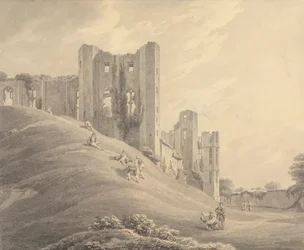 Kenilworth Castle, med figurer på sluttningen