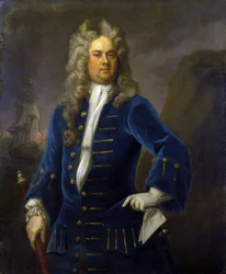 Porträtt av kapten Robert Harland (ca 1680-1751), hållandes ett teleskop (långbild) i handen. Olja på duk, ca 1707-1711 av Michael Dahl (1659-1743).