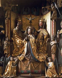 Kröning av Jungfrualtaret, cirka 1470-1480, av Michael Pacher (död 1498), snidat trä, gamla Gries Parish Church, San Quirino, Bolzano, Trentino-Alto Adige, Italien