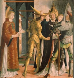 Påven Sixtus II tar ledigt från Saint Lawrence, cirka 1465, av Michael Pacher (cirka 1430-1498), panel