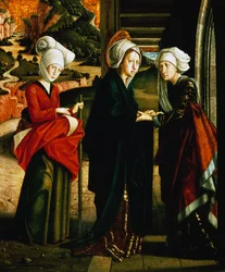 Besök av Maria, bottenpanel av Scener ur Kristi liv, St Wolfgangs altartavla St Wolfgangs kapell, St Wolfgang im Salzkammergut, Österrike