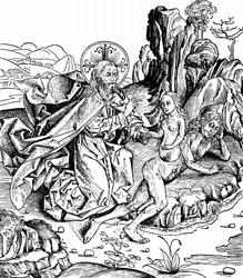 Efter att ha skapat universum, jorden och alla levande varelser, inklusive människan, försatte Gud Adam i en djup sömn och skapade Eva från Adams revben. Från Hartmann Schedel Liber chronicarum mundi