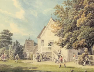 A Game of Bowls på Bowling Green utanför Bunch of Grapes Inn, Hurst, Berkshire