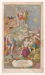 Atlas en Hercules bär sternerhemel Titelsida för: Johann Baptista Homann, Atlas Novus Terrarum Orbis Imperia, Regna et Status Exacte Tabulis Geographicè Demonstrants, 1729