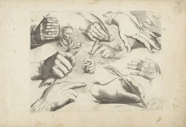 Studieblad med teckningsexempel: händer och porträtt av Hendrick Goltzius