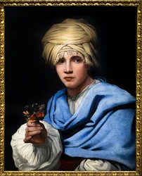 Pojke med turban håller i en blombukett