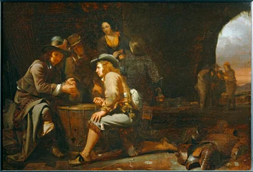 Soldater leker i en grotta som byggts om till vaktstuga. 1649 ...
