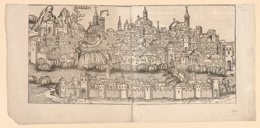Nürnbergkrönika: Topografisk syn på Basel, Schweiz, 1493.