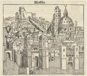 Phantasieansicht der Stadt Marseille [recto], drei Porträts (Phereades, Pythagoras und Sappho) [verso]