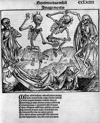 Makaber dansscen, med skelett, -i "" Chronicles of Nuremberg"" av Hartmann Schedel (1440-1514), redigerad i Nürnberg av Anton Koberger, 12 juli