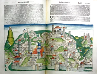 Den upproriska staden Jerusalem som förstördes av kejsar Titus, ur Nürnbergkrönikan av Hartmann Schedel (1440-1514) tryckt 1493.
