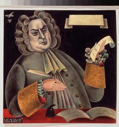 Porträtt av kompositören Jean Sebastien Bach (1685-1750). Verk av Mikhail Mikhailovich Shemiakin (Michel Chemiakin) (född 1943), akvarell och tusch på papper. Rysk konst, 1900-talet, modern konst. State Art Gallery, Lviv (Lvov eller Leopol) (Ukraina).